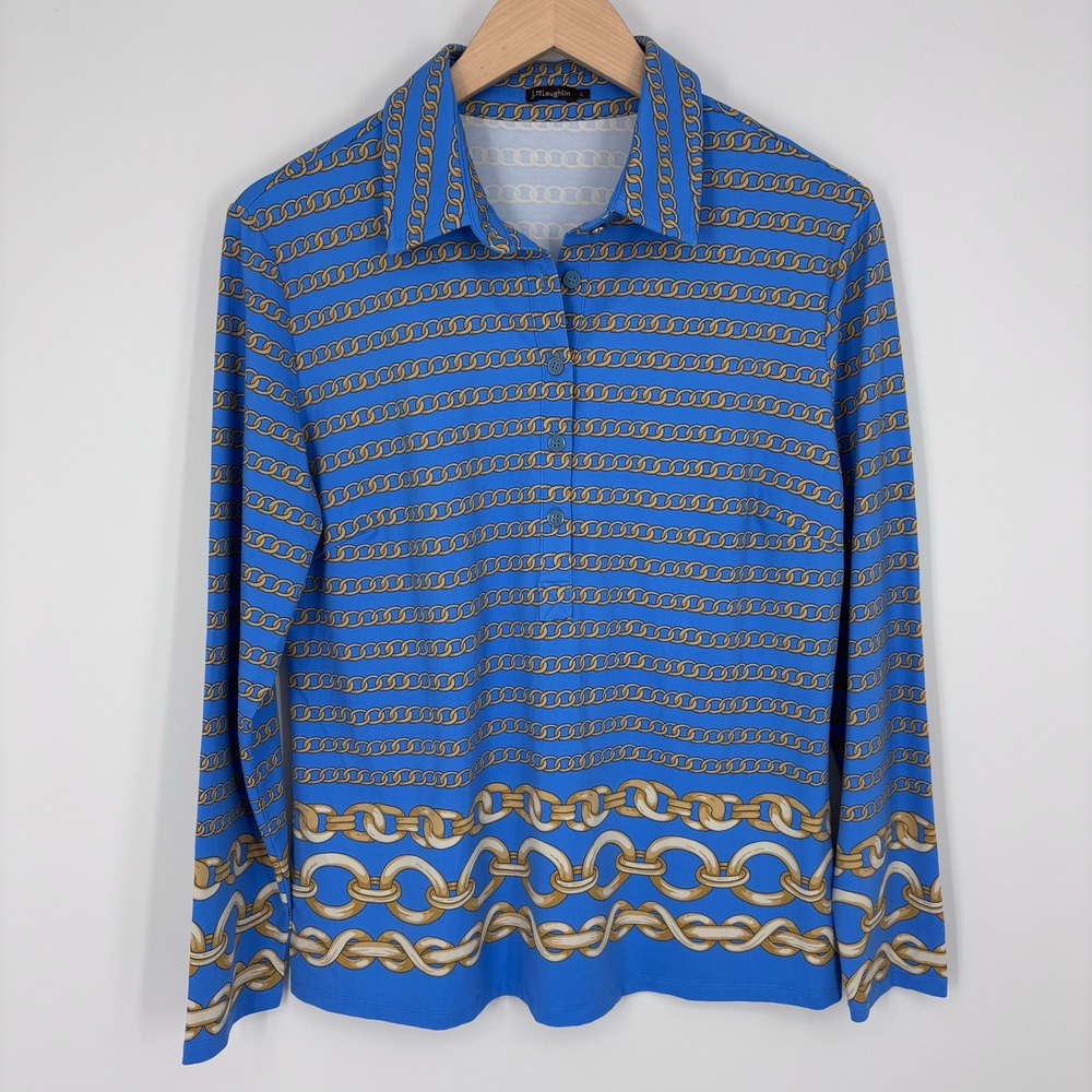J.McLaughlin Catalina Cloth Blue Gold Chain Print Pullover Top Womens L Nautical
